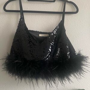 12th Tribe Black Sequin Feather Trim Tank Top